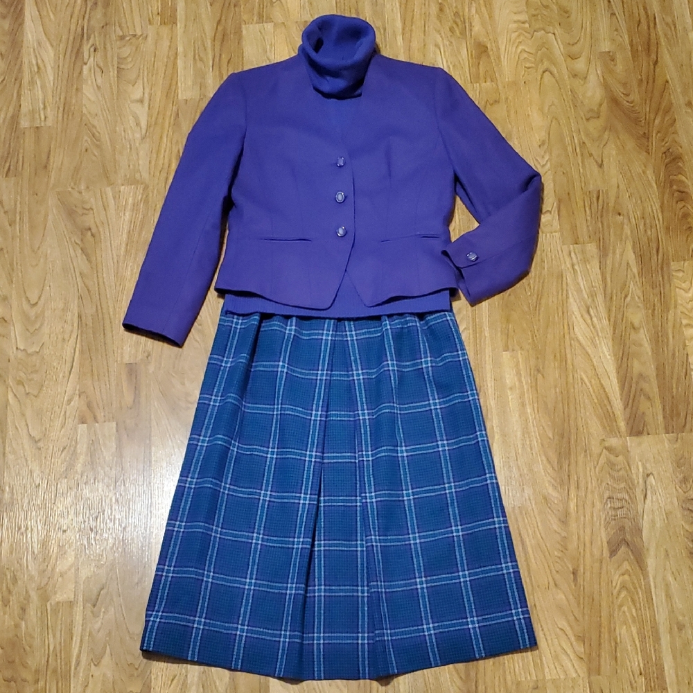 Pendleton Vintage Purple Blazer & Teal Green Blue Plaid Skirt Set w/ Turtleneck